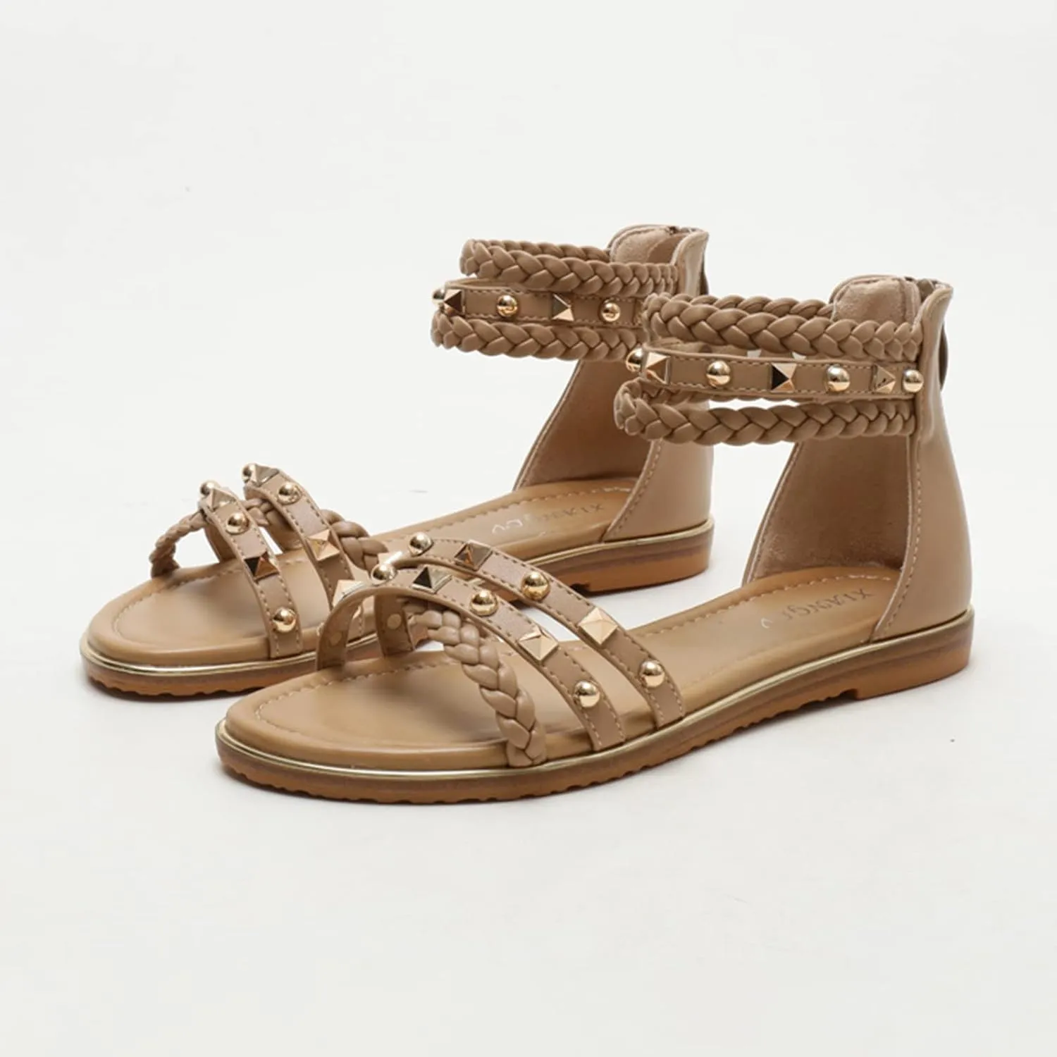 HINDOLA Women's Gladiator Sandals Summer Beach Flat Thong Cross Strappy Sandals Trendy Roman Shoes with Zipper