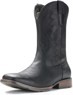 IUV Cowboy Boots For Men with Wide Square Toe Western Retro Boot Durable Classic Fashionable Embroidered Pull On Slip Resistant Boots