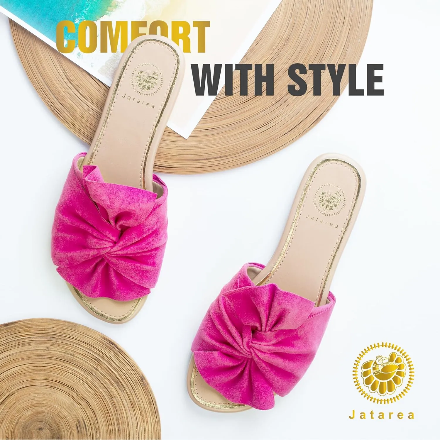 JATAREA Womens Slip-On Leather Flat Sandals with Round Open Toe | Classic and Trendy Slippers - CAVERY