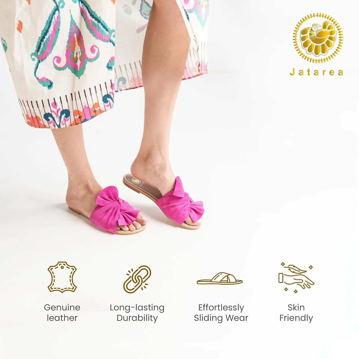 JATAREA Womens Slip-On Leather Flat Sandals with Round Open Toe | Classic and Trendy Slippers - CAVERY