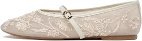 Kluolandi Women's Embroidered Mesh Ballet Flats with Pearls Breathable Flat Ballerina Shoes with Strap
