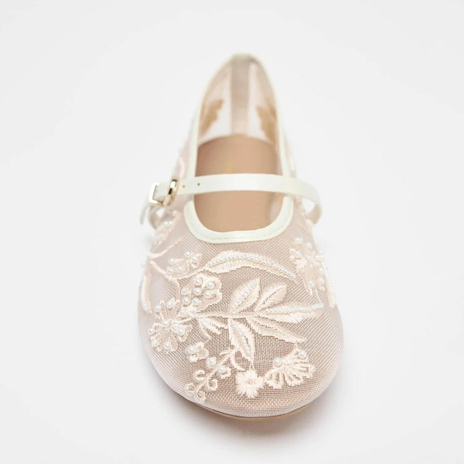 Kluolandi Women's Embroidered Mesh Ballet Flats with Pearls Breathable Flat Ballerina Shoes with Strap