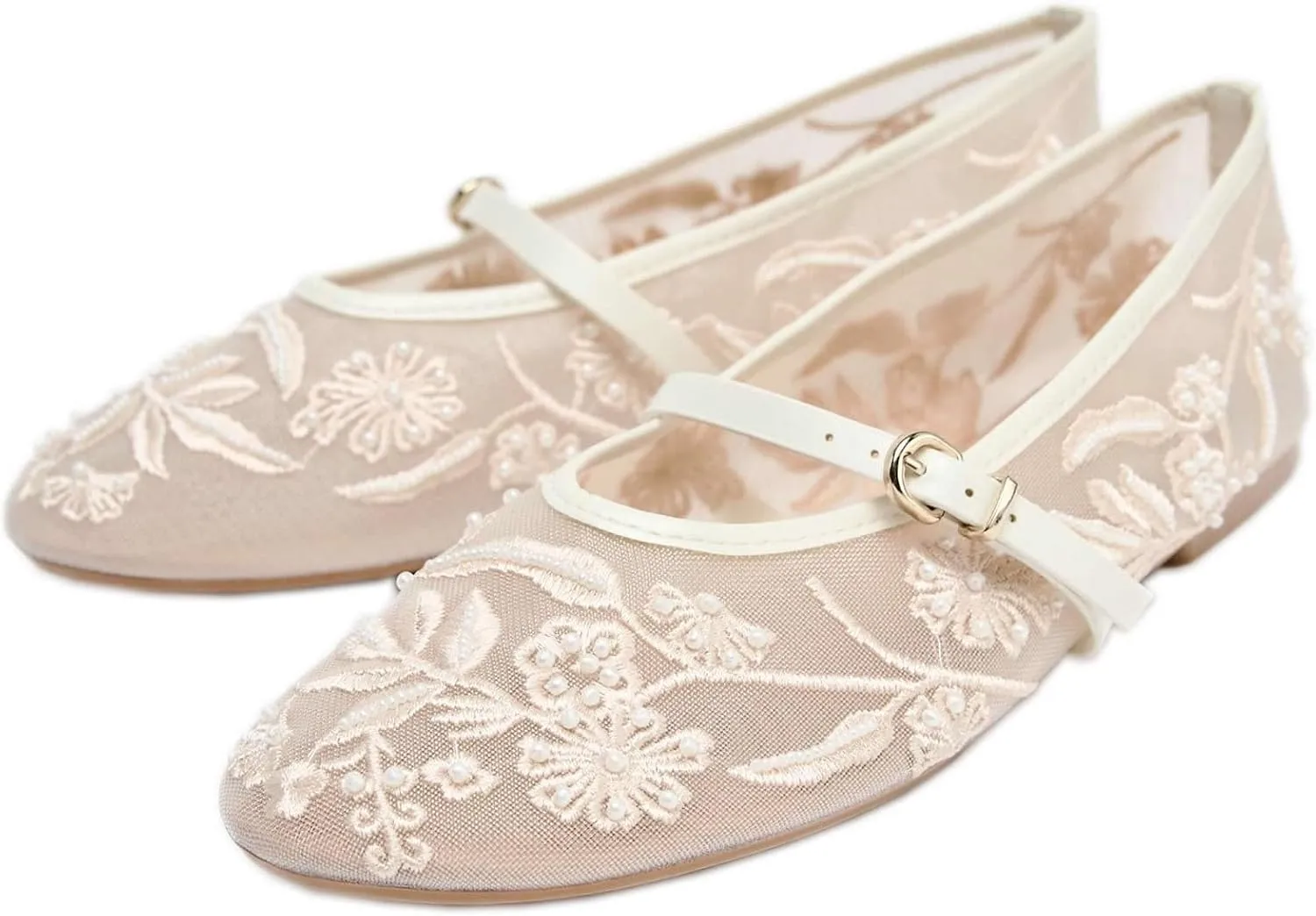 Kluolandi Women's Embroidered Mesh Ballet Flats with Pearls Breathable Flat Ballerina Shoes with Strap