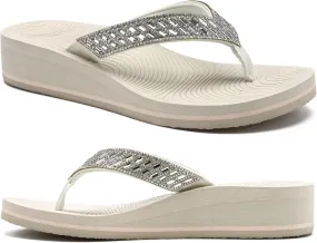 KuaiLu Womens Dressy Rhinestone Platform Flip Flops Trendy Comfortable Arch Support Cushion Walking Thong Sandals Yoga Foam Low Wedge Slippers Summer Pool Beach