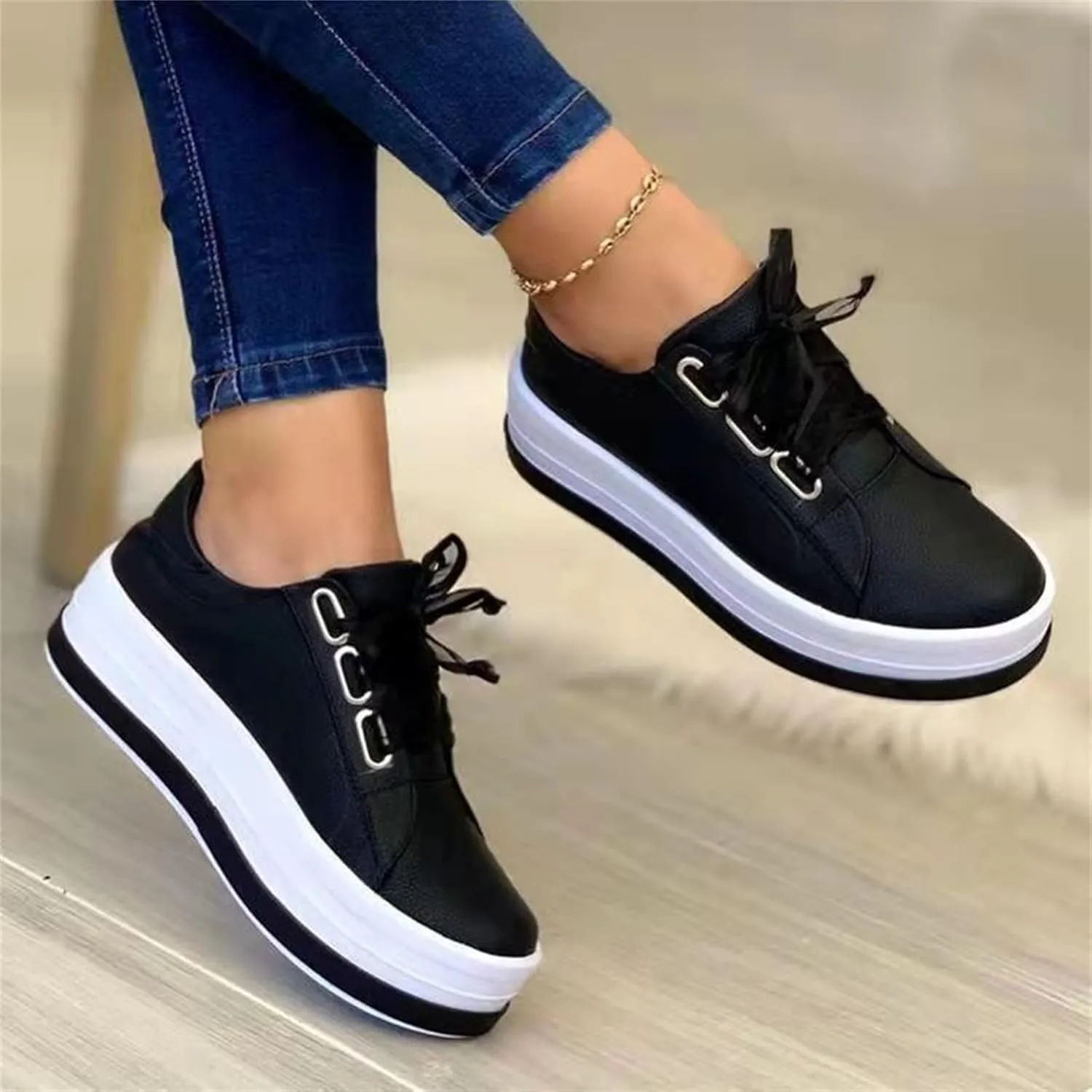Ladmiple Shoes For Women Sneakers Trendy Low Top Lace-up Walking Shoes Fashion Summer Slip On Platform Flats Loafers