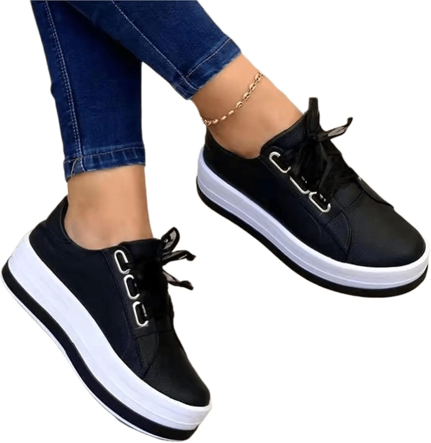 Ladmiple Shoes For Women Sneakers Trendy Low Top Lace-up Walking Shoes Fashion Summer Slip On Platform Flats Loafers