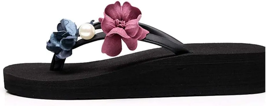MIOKE Women's Floral Wedge Flipflops Summer Fashion Platform Comfort Slip On Nonslip Beach Thong Sandals