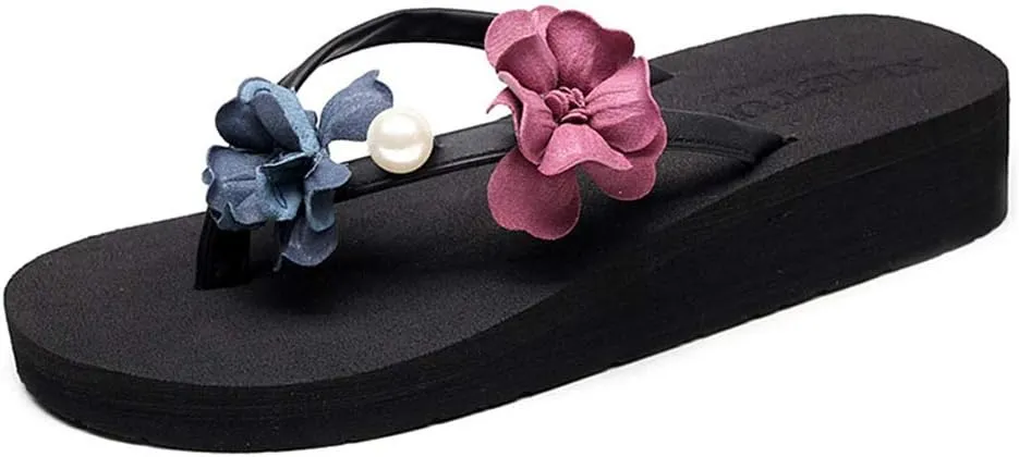 MIOKE Women's Floral Wedge Flipflops Summer Fashion Platform Comfort Slip On Nonslip Beach Thong Sandals