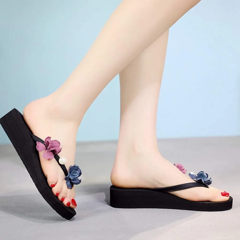 MIOKE Women's Floral Wedge Flipflops Summer Fashion Platform Comfort Slip On Nonslip Beach Thong Sandals