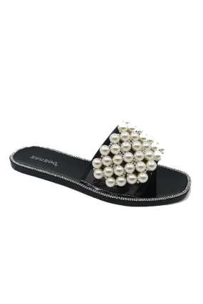"Boardwalk Stroll" Black Jelly Sandals w/ Pearl Detail