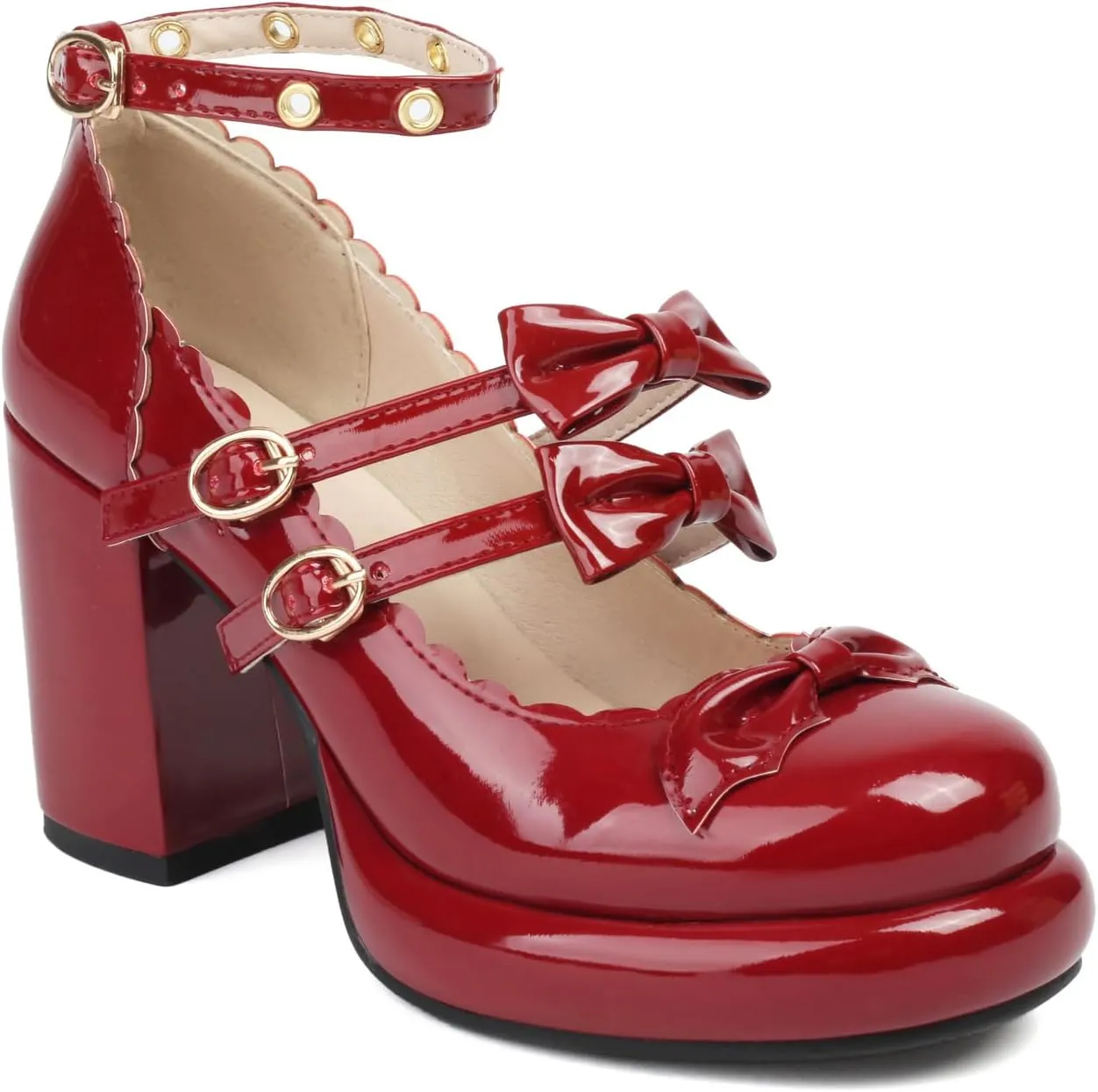 SACFOF Chunky High Heel Bow Pumps for Women Platform Round Toe Ankle Strap Mary Jane Patent Leather Dressy Shoes