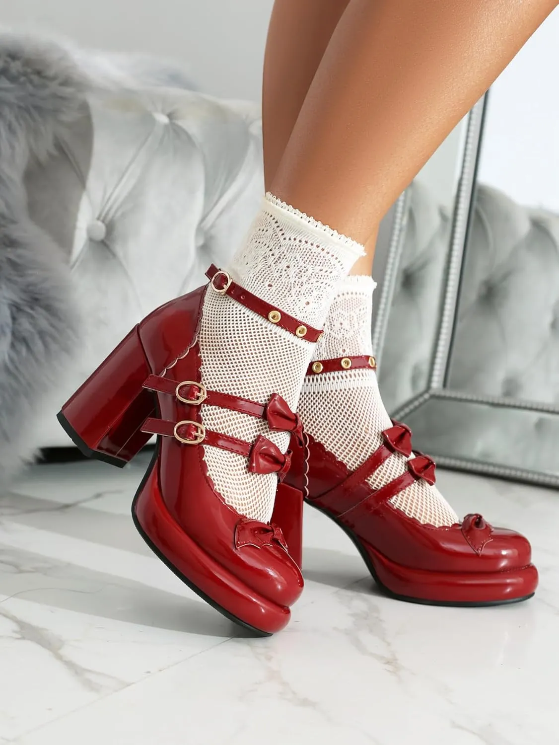 SACFOF Chunky High Heel Bow Pumps for Women Platform Round Toe Ankle Strap Mary Jane Patent Leather Dressy Shoes