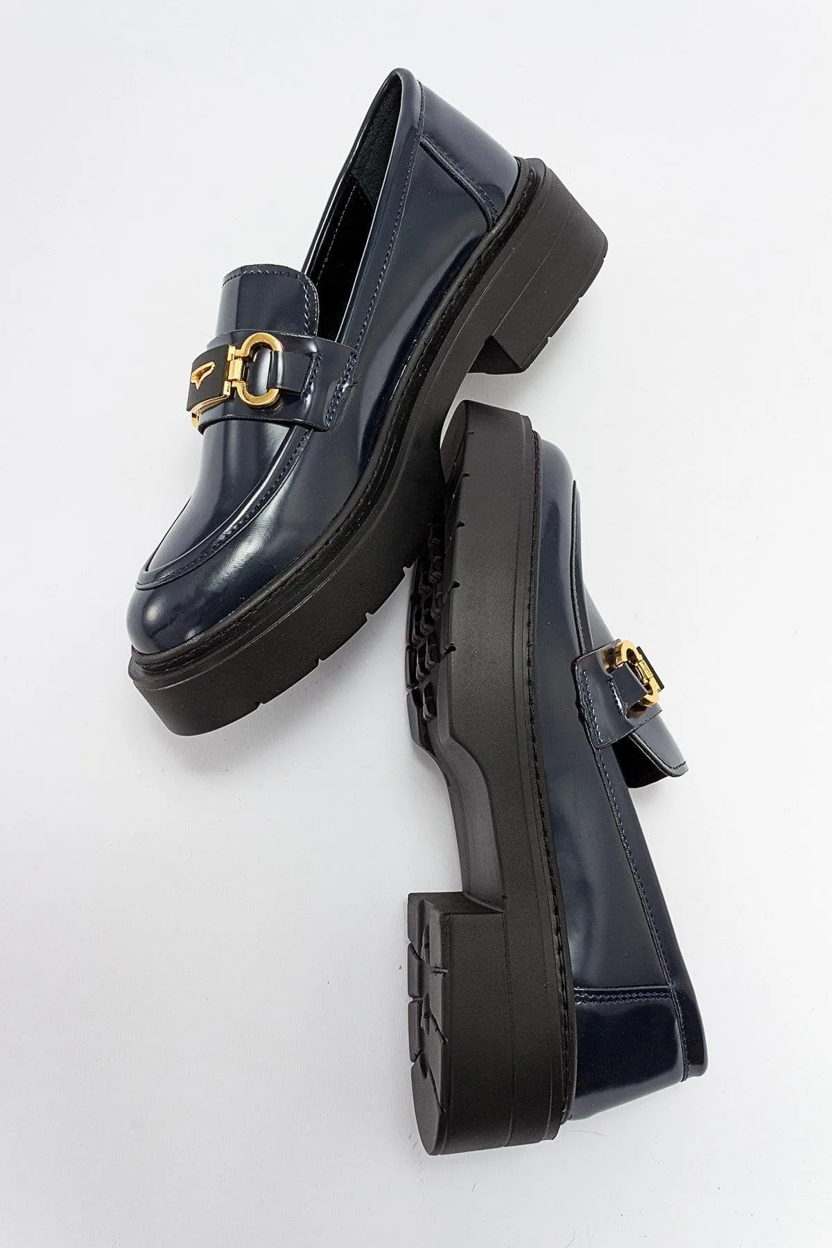Simone Vegan Leather Bit Platform Loafers | Navy Patent