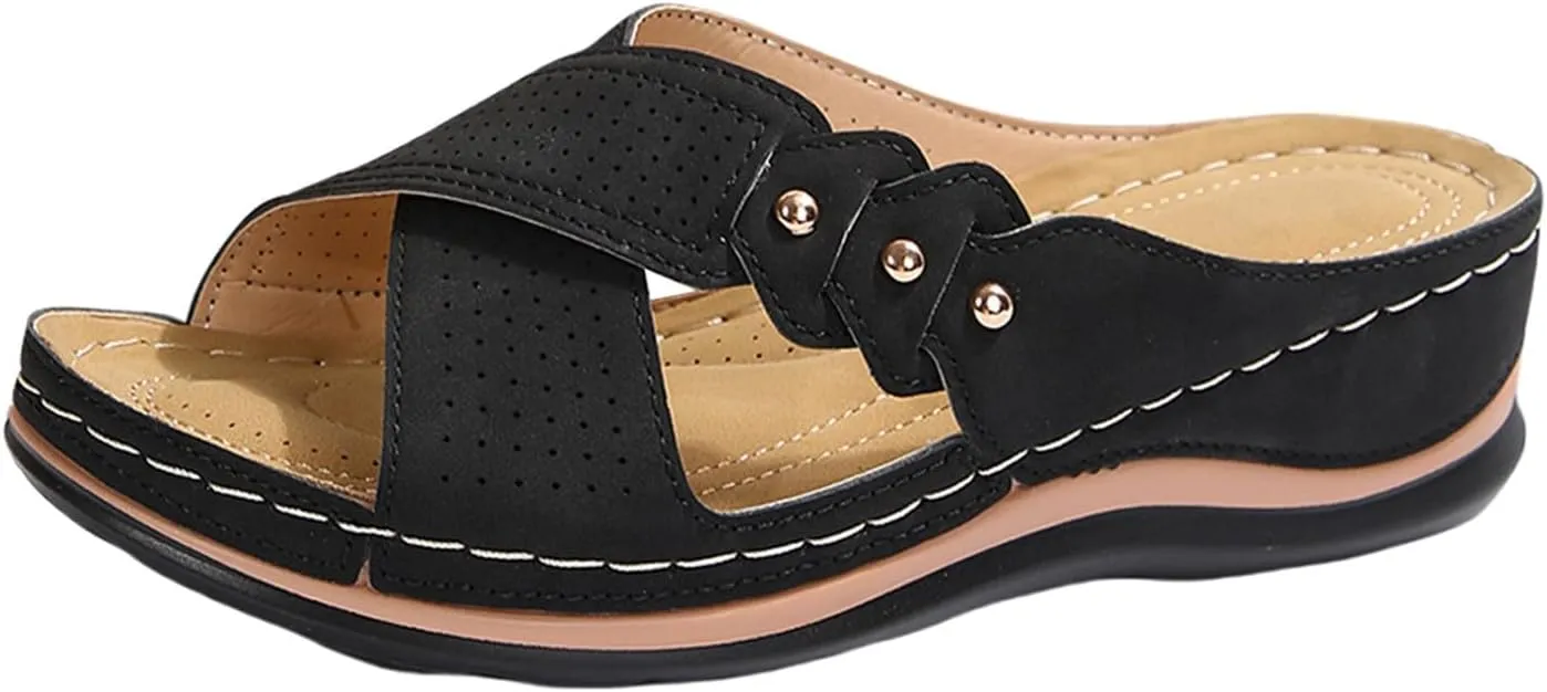 Summer Sandals for Women 2025 Trendy Dressy Arch Support Slip On Bohemian Beach Vacation Low Wedge Sandals Footwear