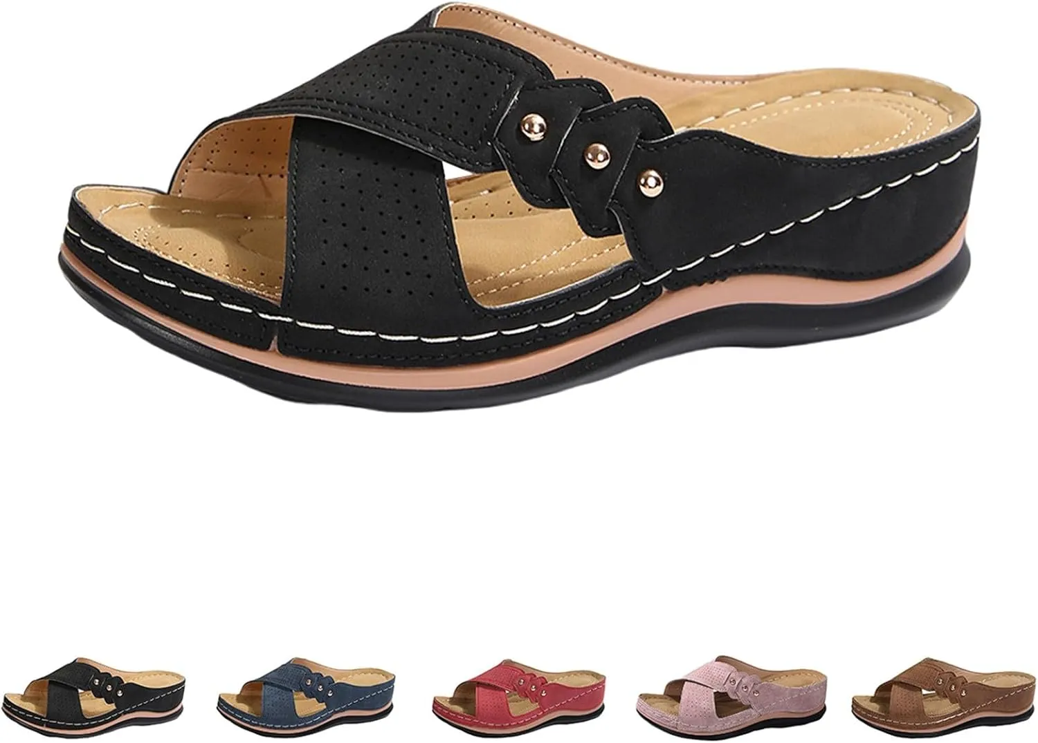 Summer Sandals for Women 2025 Trendy Dressy Arch Support Slip On Bohemian Beach Vacation Low Wedge Sandals Footwear