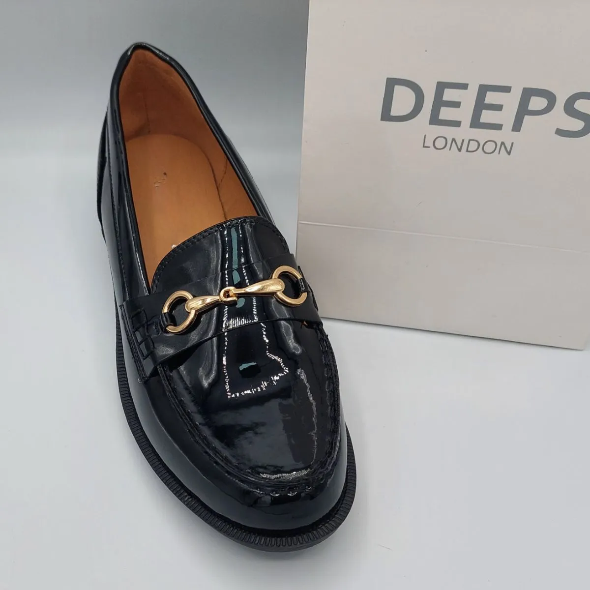 TALLULAH BLACK PATENT CLASSIC SLIP ON LOAFER WITH GOLD T BAR