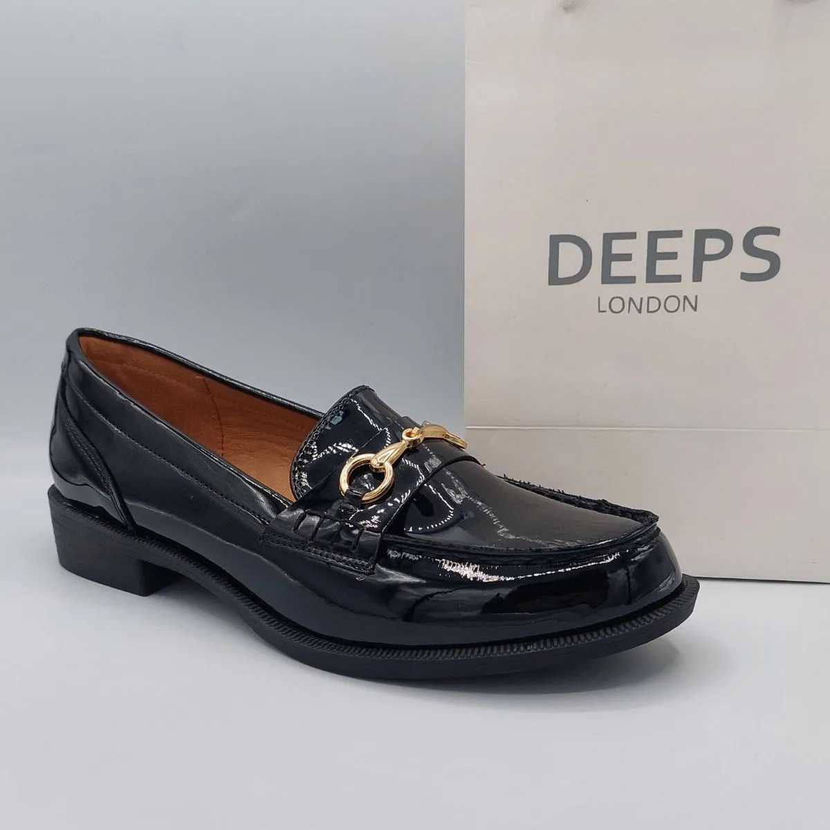 TALLULAH BLACK PATENT CLASSIC SLIP ON LOAFER WITH GOLD T BAR