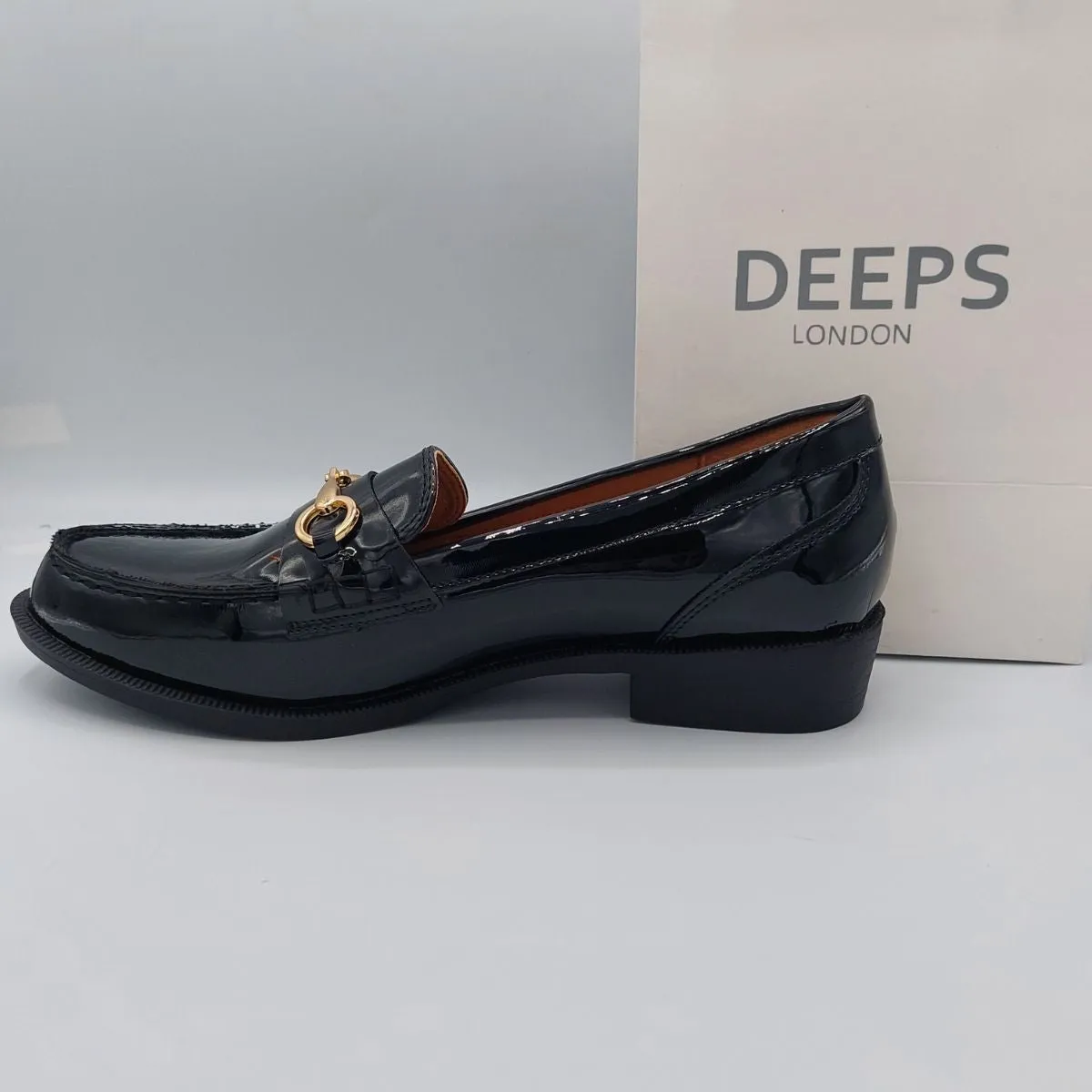TALLULAH BLACK PATENT CLASSIC SLIP ON LOAFER WITH GOLD T BAR