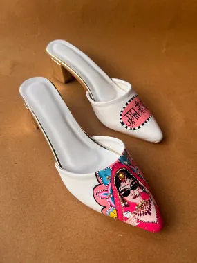 White pink 2 inch swag bride mules