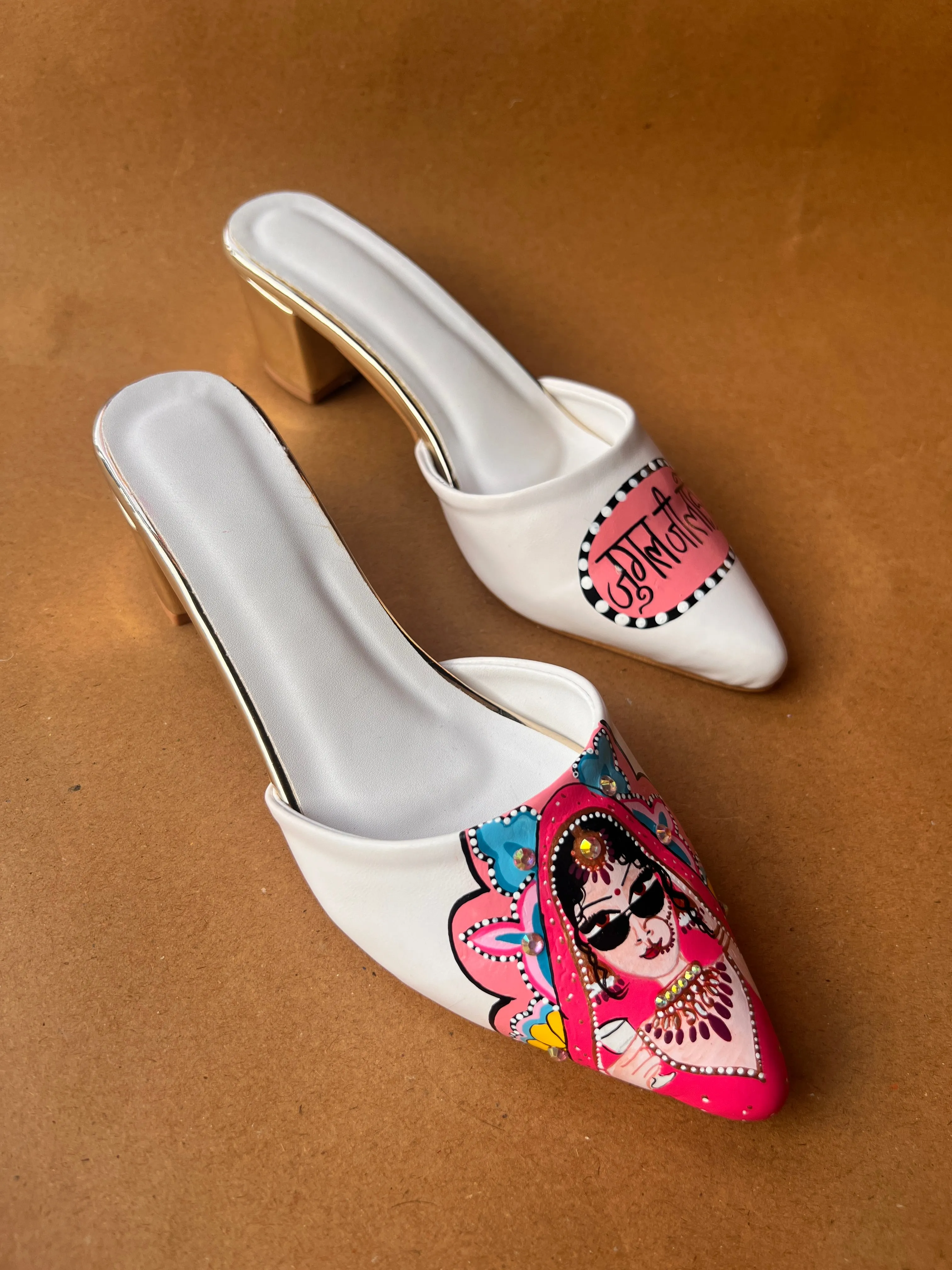 White pink 2 inch swag bride mules