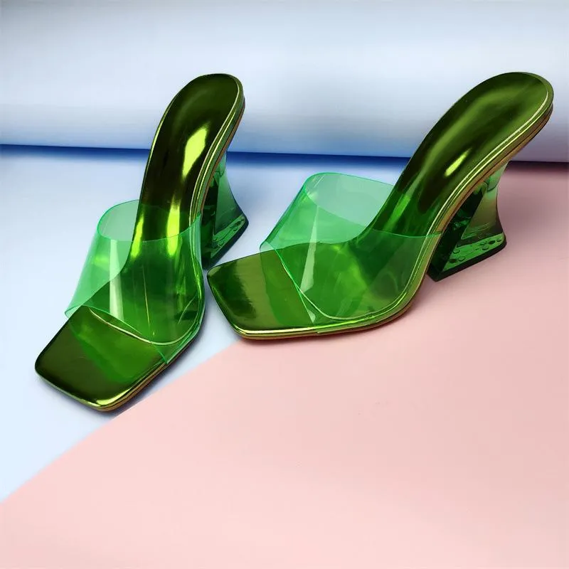 Women square toe clear strap slide chunky high heels