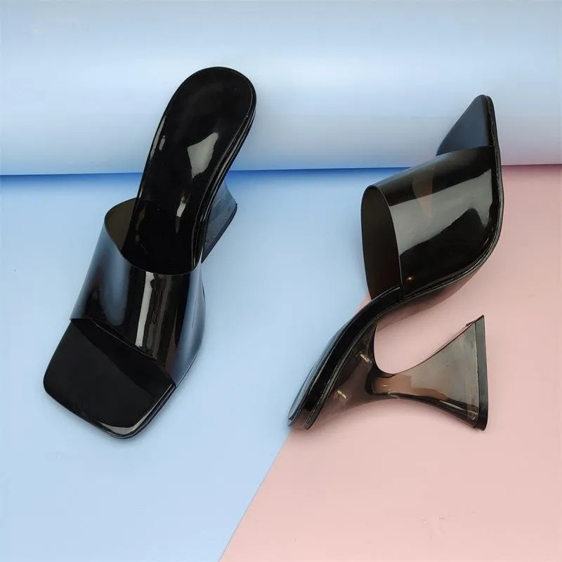 Women square toe clear strap slide chunky high heels