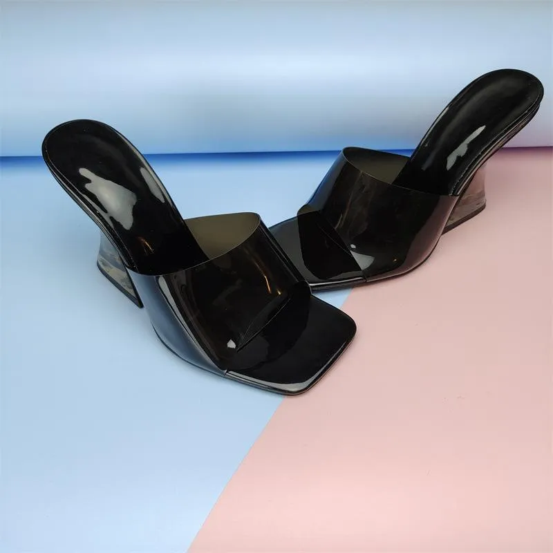 Women square toe clear strap slide chunky high heels