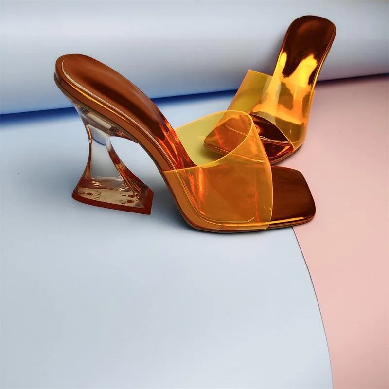 Women square toe clear strap slide chunky high heels