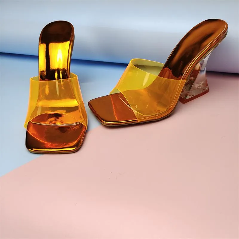 Women square toe clear strap slide chunky high heels