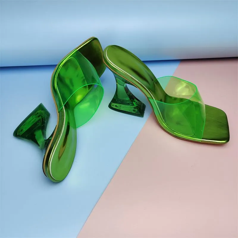 Women square toe clear strap slide chunky high heels