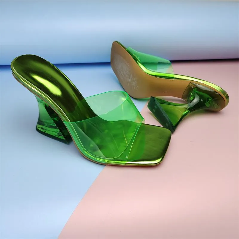 Women square toe clear strap slide chunky high heels