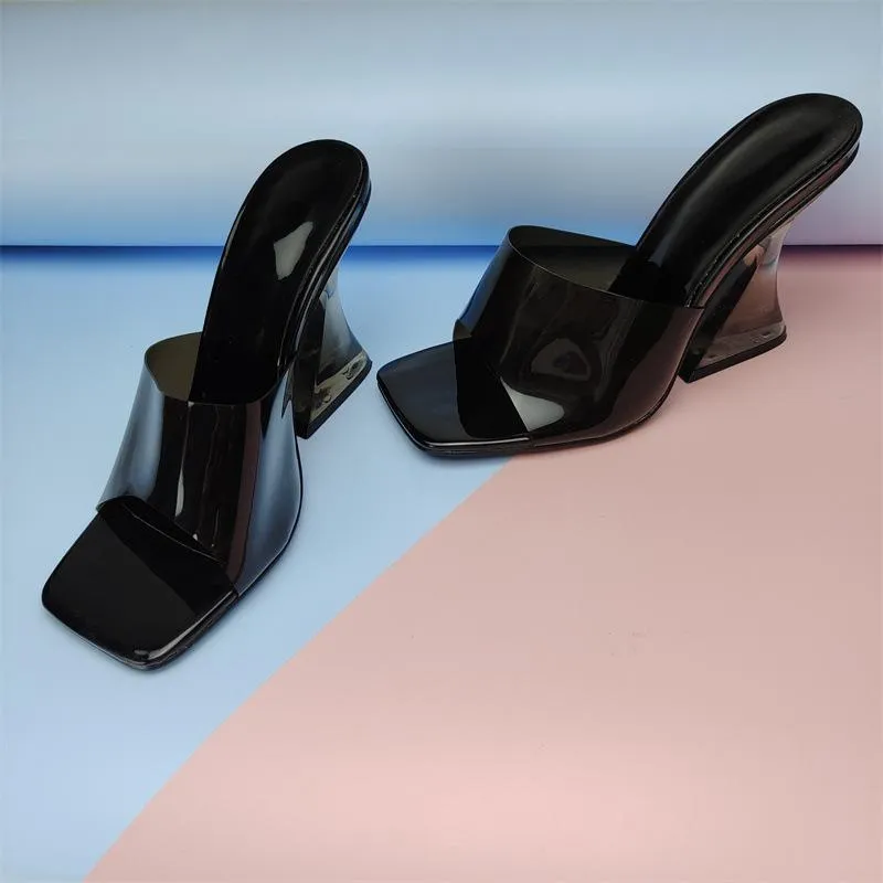 Women square toe clear strap slide chunky high heels