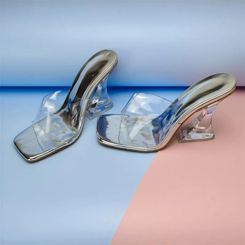 Women square toe clear strap slide chunky high heels