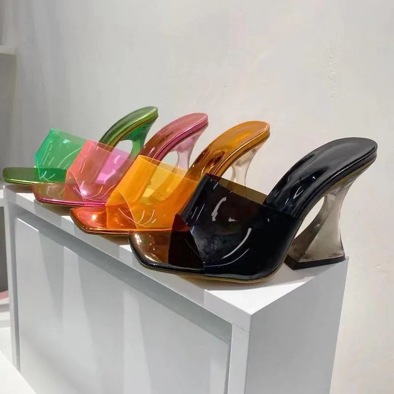 Women square toe clear strap slide chunky high heels