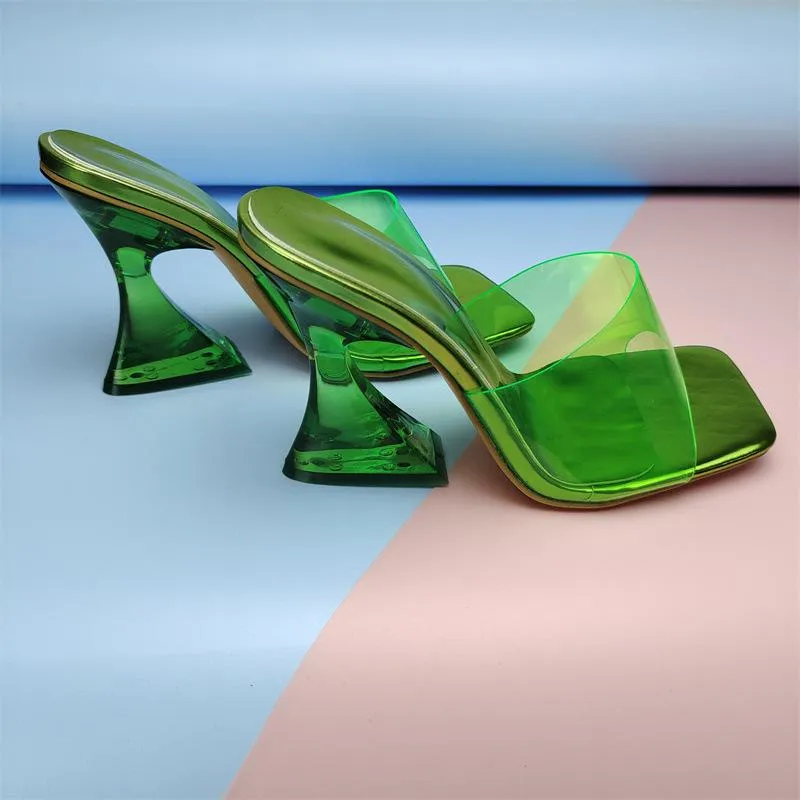 Women square toe clear strap slide chunky high heels