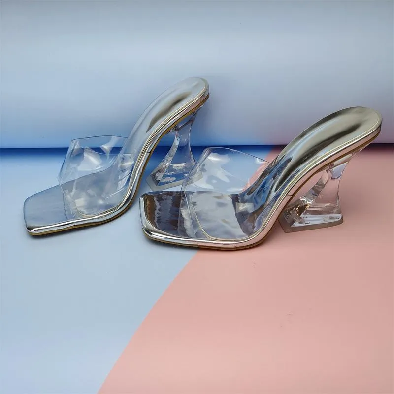 Women square toe clear strap slide chunky high heels