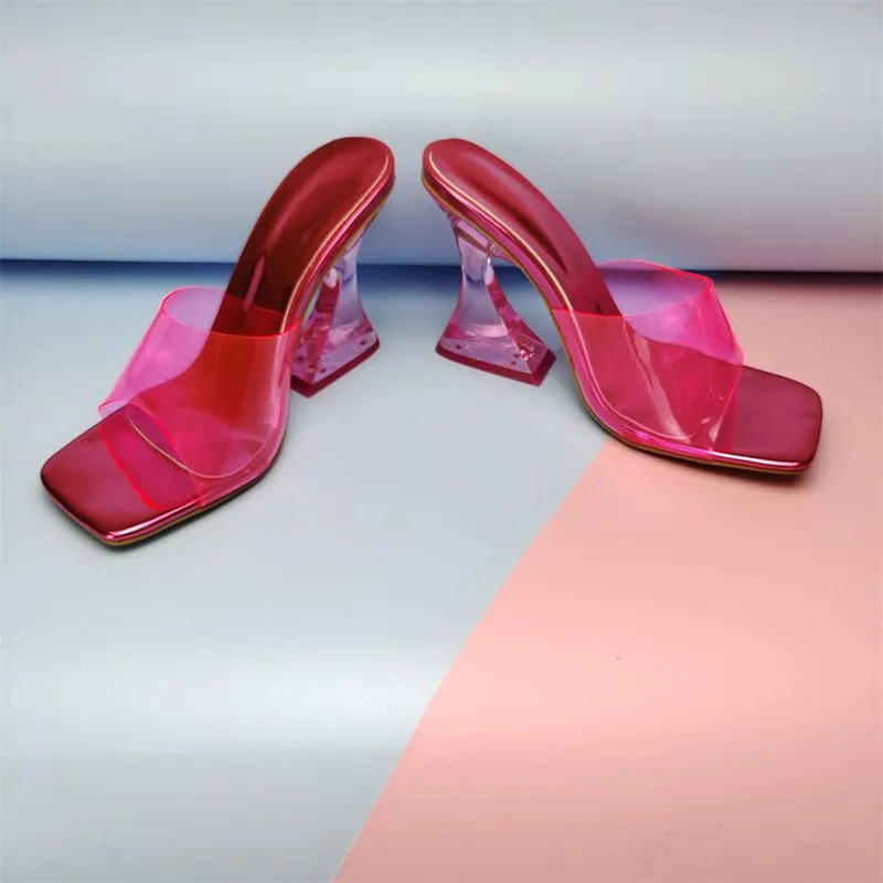 Women square toe clear strap slide chunky high heels
