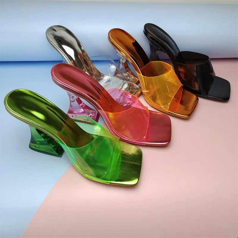Women square toe clear strap slide chunky high heels