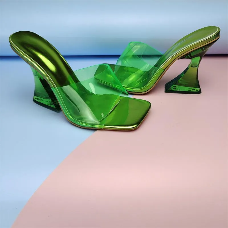 Women square toe clear strap slide chunky high heels