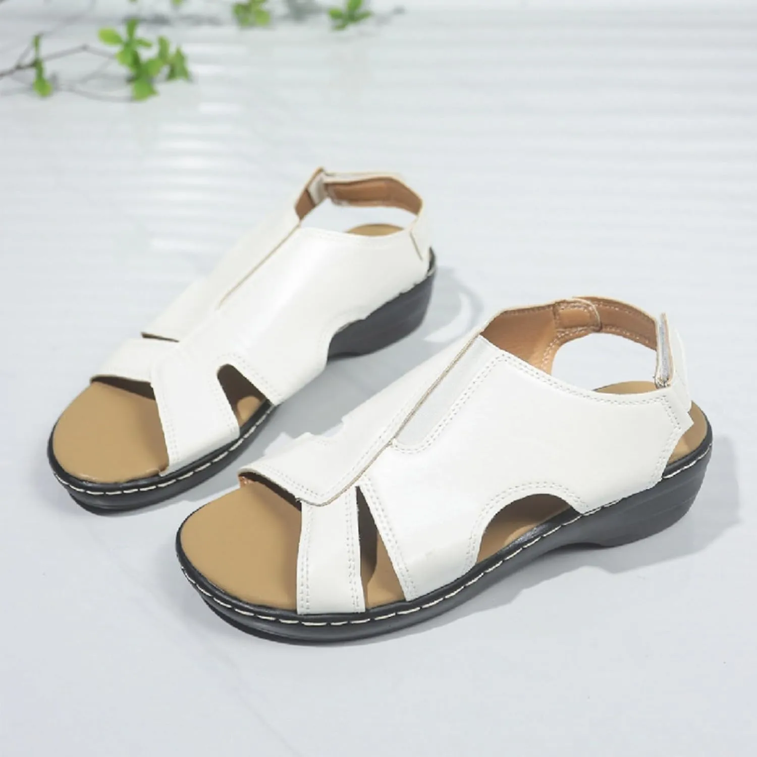 Women's Faux Leather Solid Sandal Hook and Loop Low Heel Open Toe Hollow Out Shoe Trendy Casual Summer Sandals