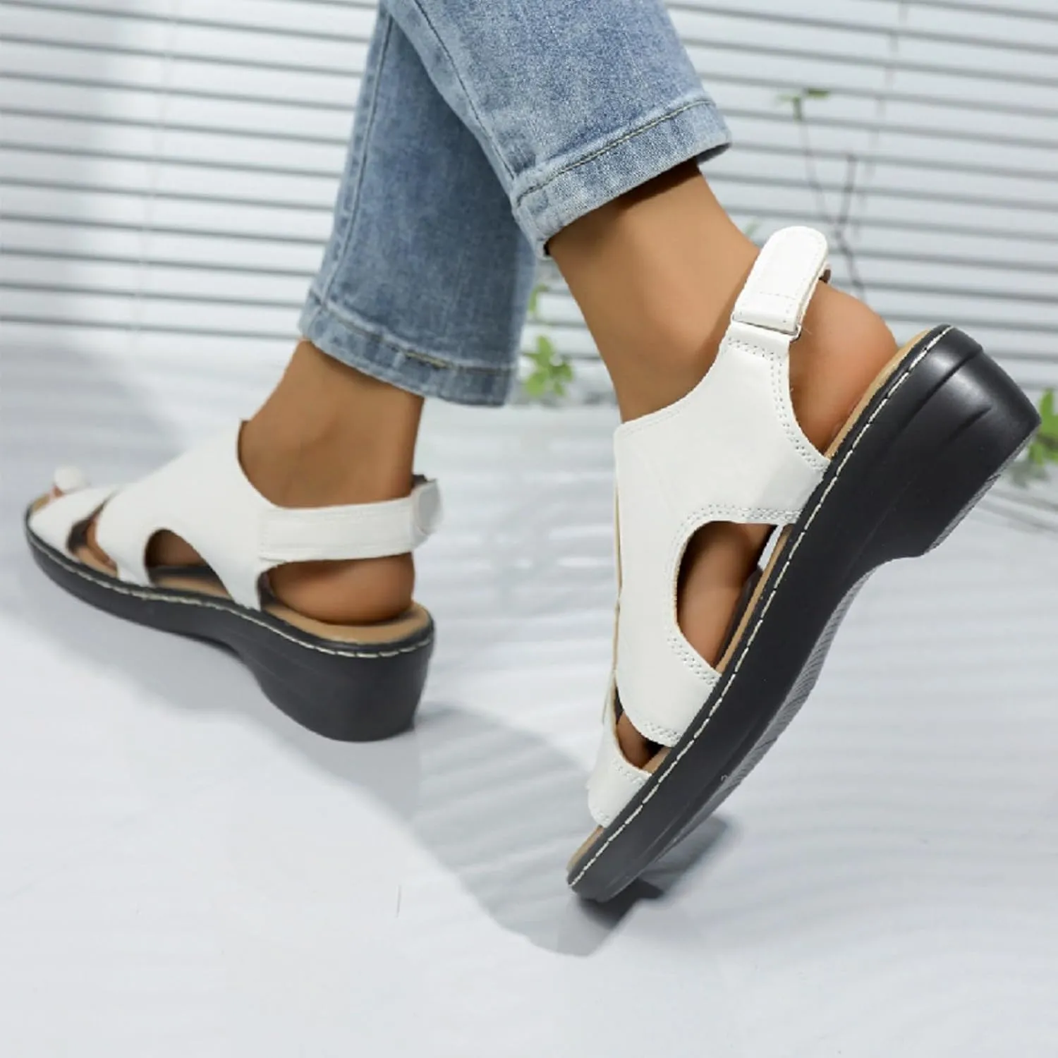 Women's Faux Leather Solid Sandal Hook and Loop Low Heel Open Toe Hollow Out Shoe Trendy Casual Summer Sandals