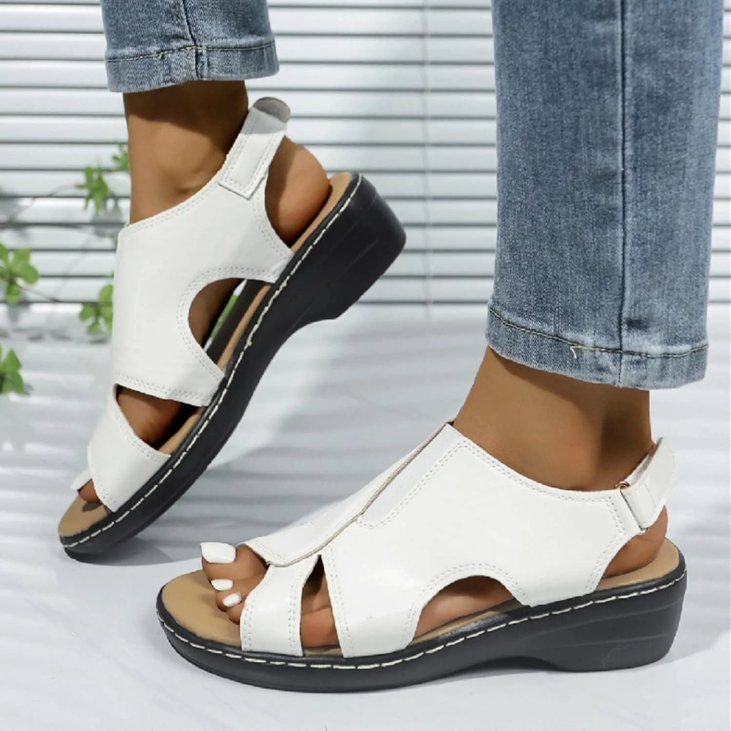 Women's Faux Leather Solid Sandal Hook and Loop Low Heel Open Toe Hollow Out Shoe Trendy Casual Summer Sandals