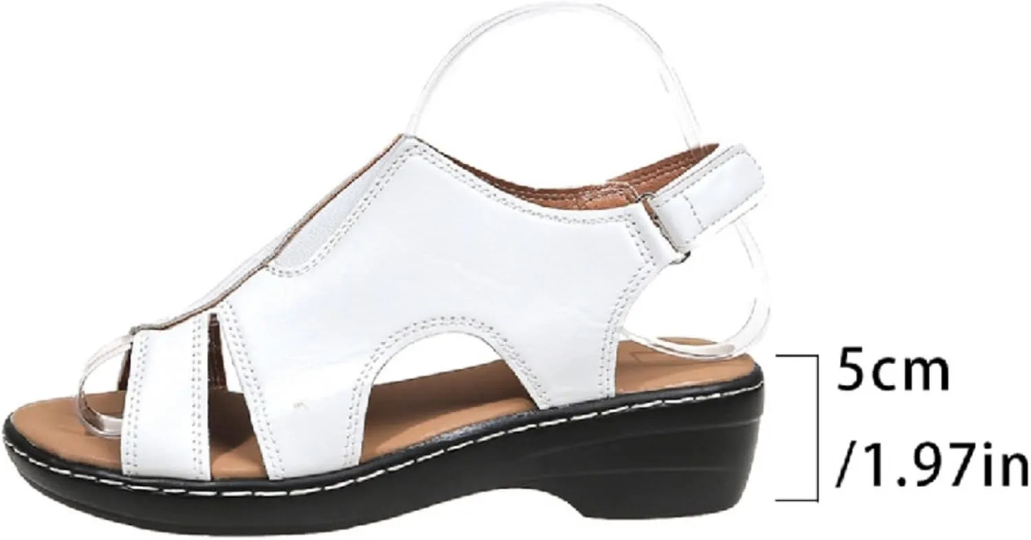 Women's Faux Leather Solid Sandal Hook and Loop Low Heel Open Toe Hollow Out Shoe Trendy Casual Summer Sandals