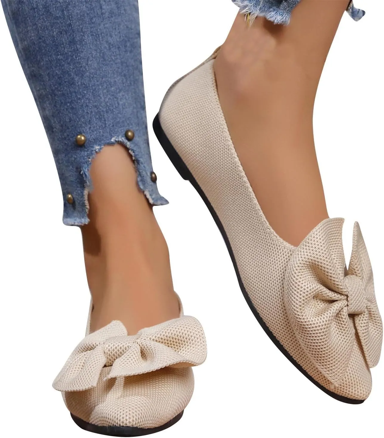 Women's Flat Shoes Casual Knitted Bowknot Single Shoes One Stirrup Mesh Breathable Shoes for Family Gatherings
