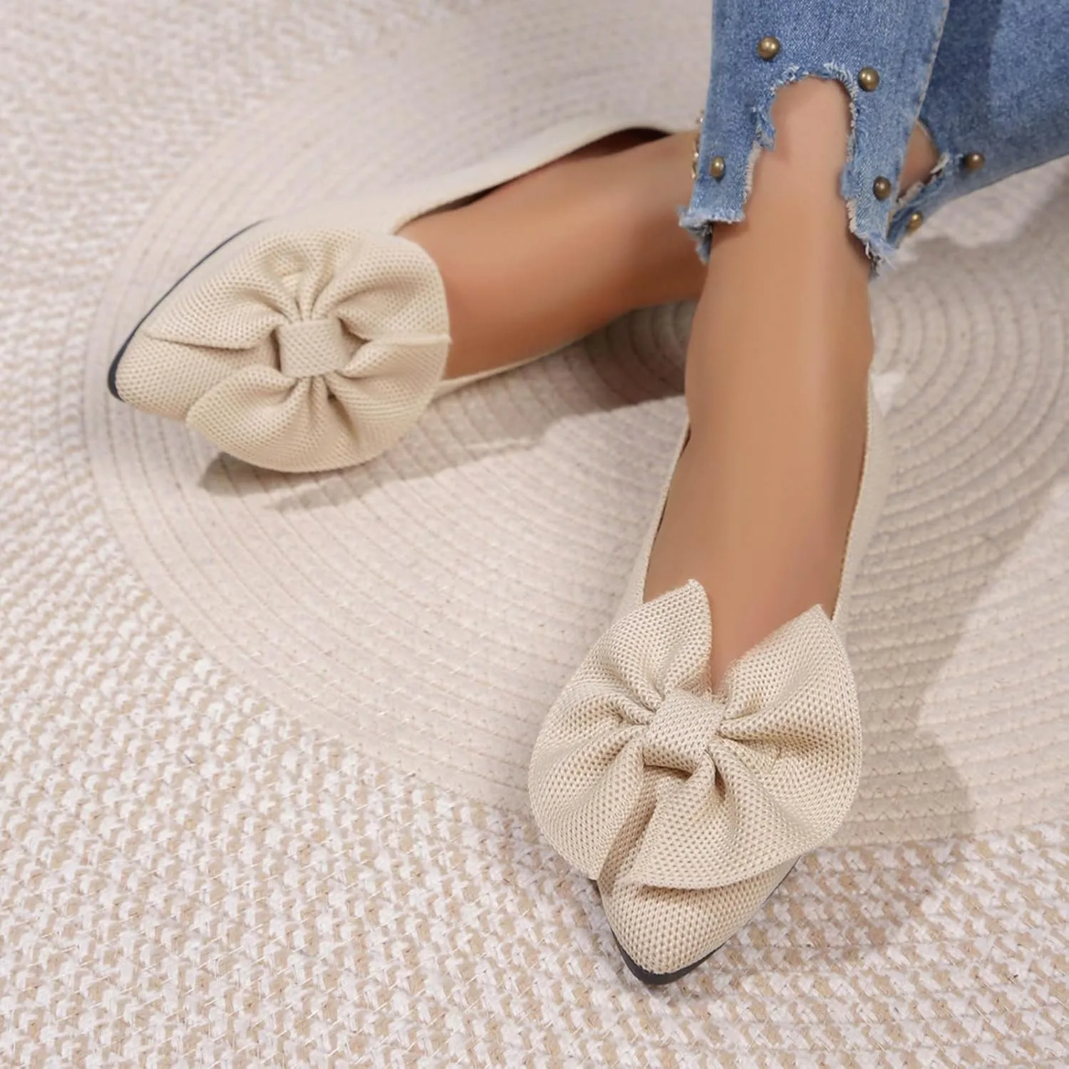 Women's Flat Shoes Casual Knitted Bowknot Single Shoes One Stirrup Mesh Breathable Shoes for Family Gatherings