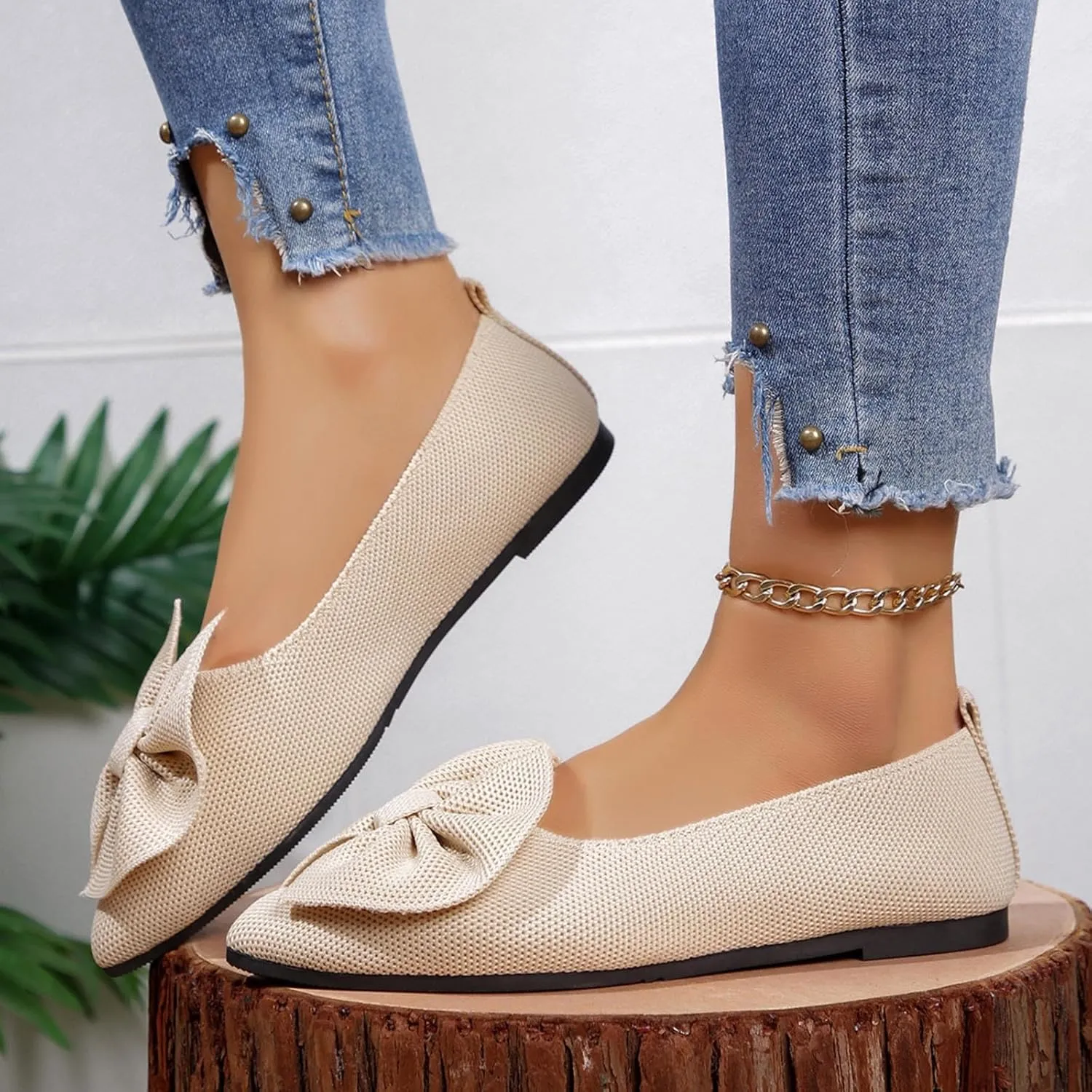 Women's Flat Shoes Casual Knitted Bowknot Single Shoes One Stirrup Mesh Breathable Shoes for Family Gatherings