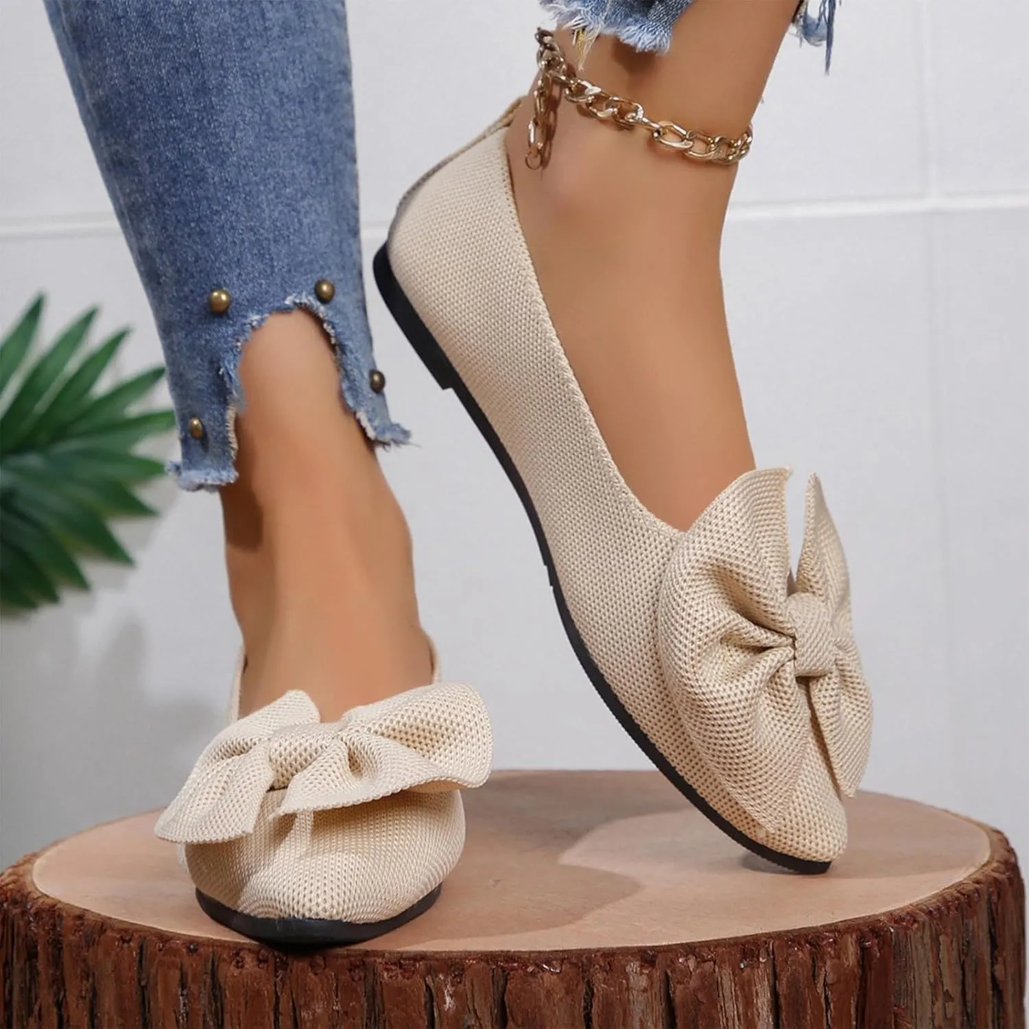 Women's Flat Shoes Casual Knitted Bowknot Single Shoes One Stirrup Mesh Breathable Shoes for Family Gatherings