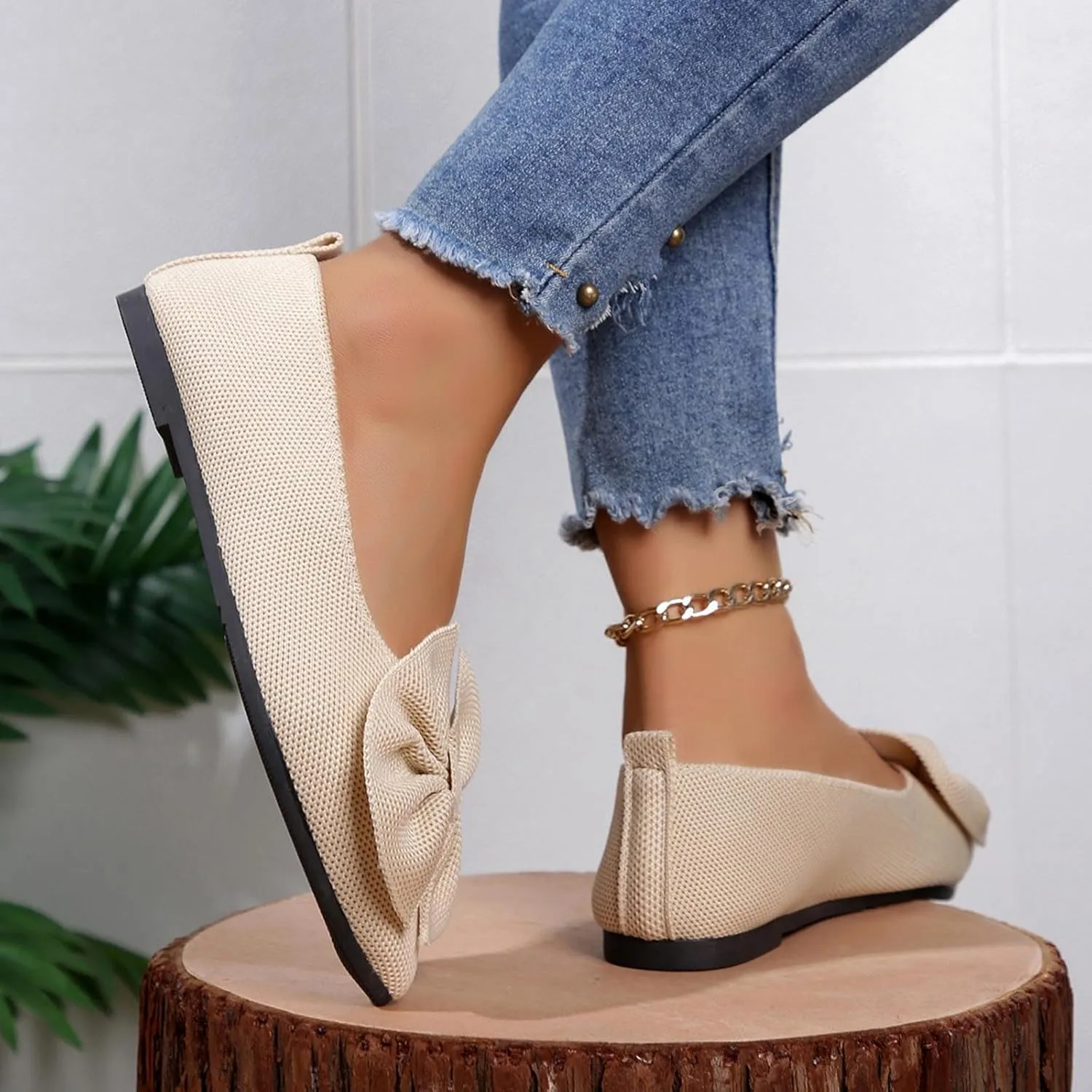 Women's Flat Shoes Casual Knitted Bowknot Single Shoes One Stirrup Mesh Breathable Shoes for Family Gatherings