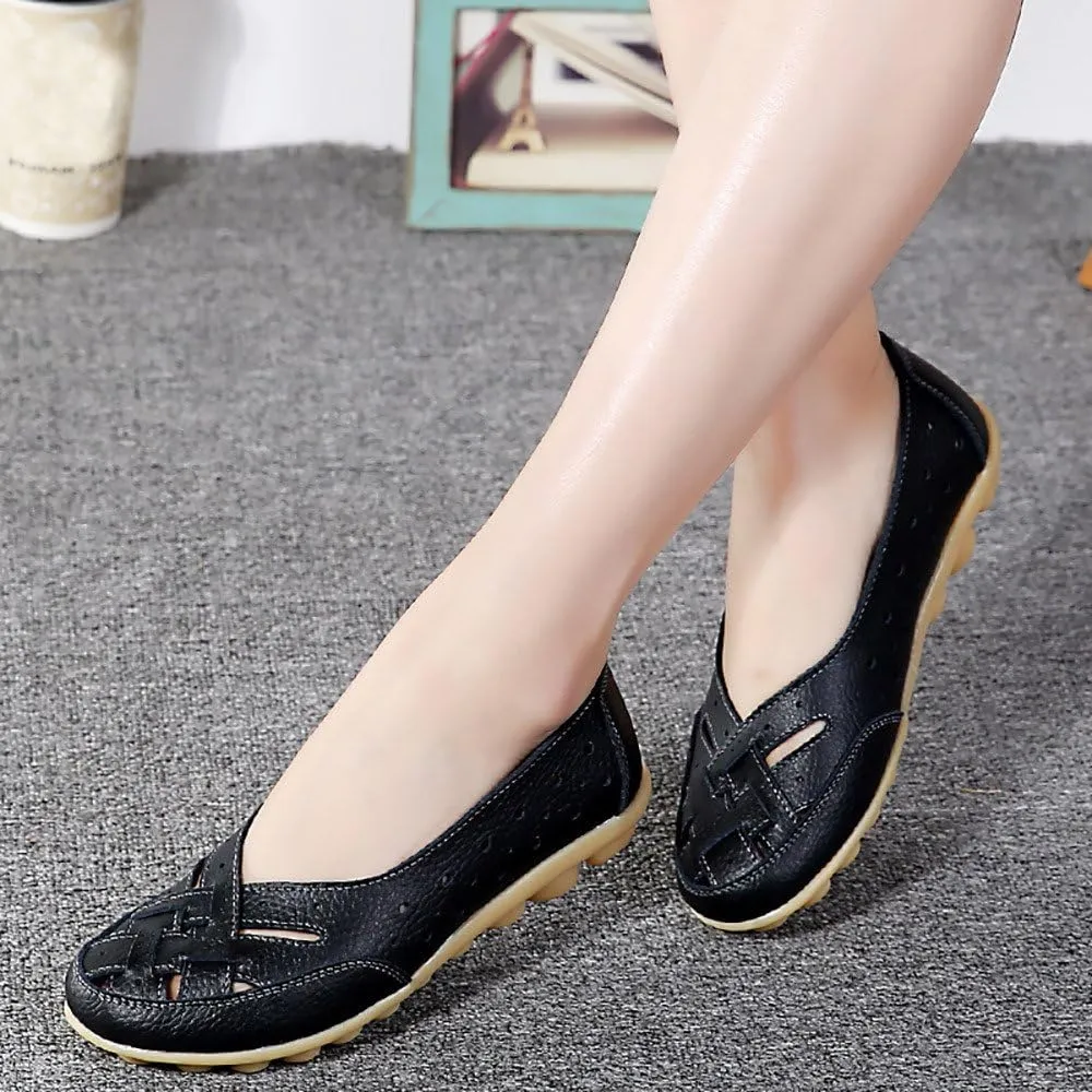 Womens Flats, Ballet Flats Ballerina Trendy Round Toe Flat Shoe with Breathable Eyelets Flower Leather Walking Shoes
