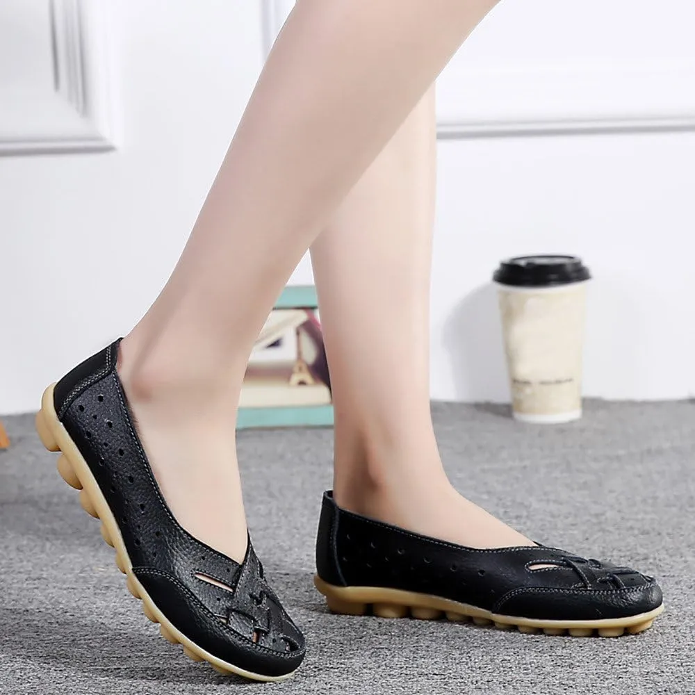 Womens Flats, Ballet Flats Ballerina Trendy Round Toe Flat Shoe with Breathable Eyelets Flower Leather Walking Shoes